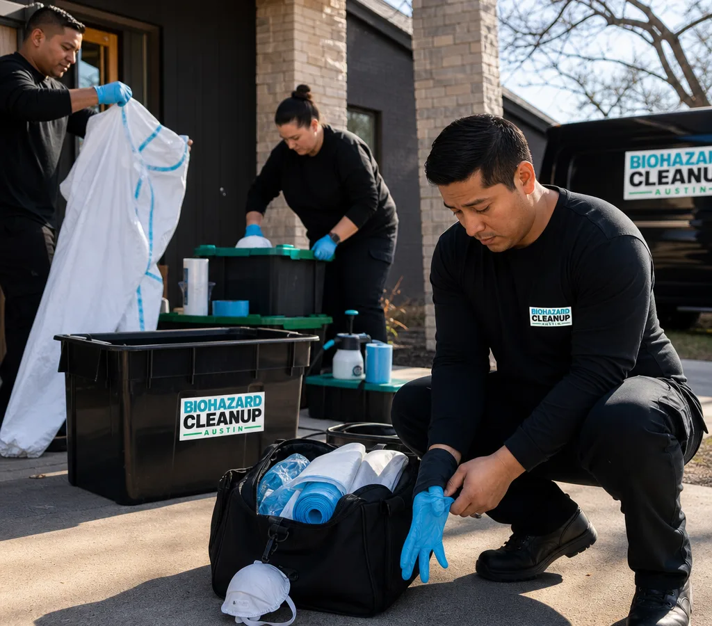Discreet cleanup team preparing PPE and containment supplies outside an Austin residence