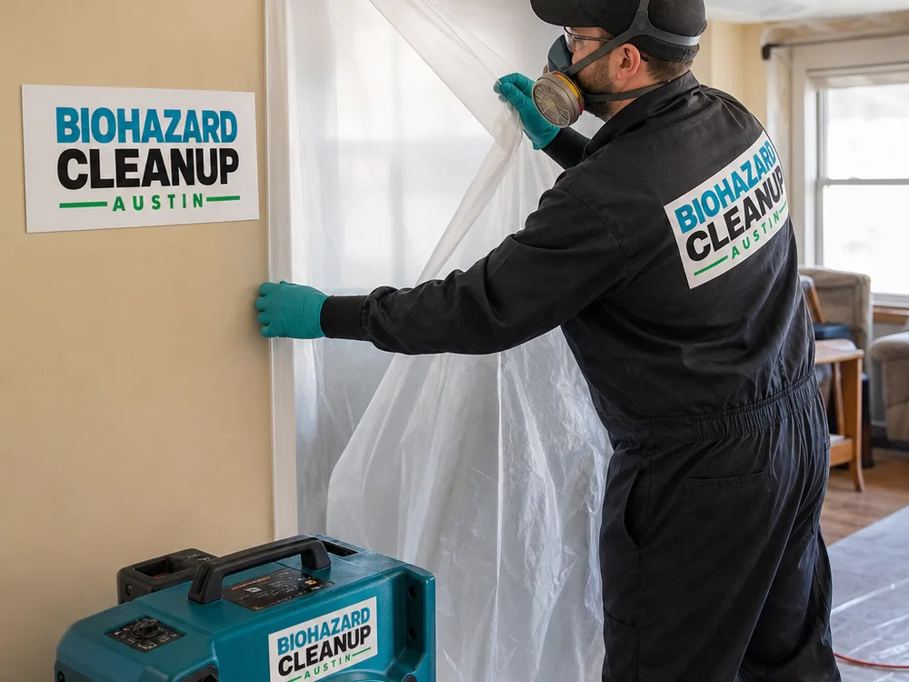 PPE-equipped technician installing containment plastic beside a HEPA air scrubber