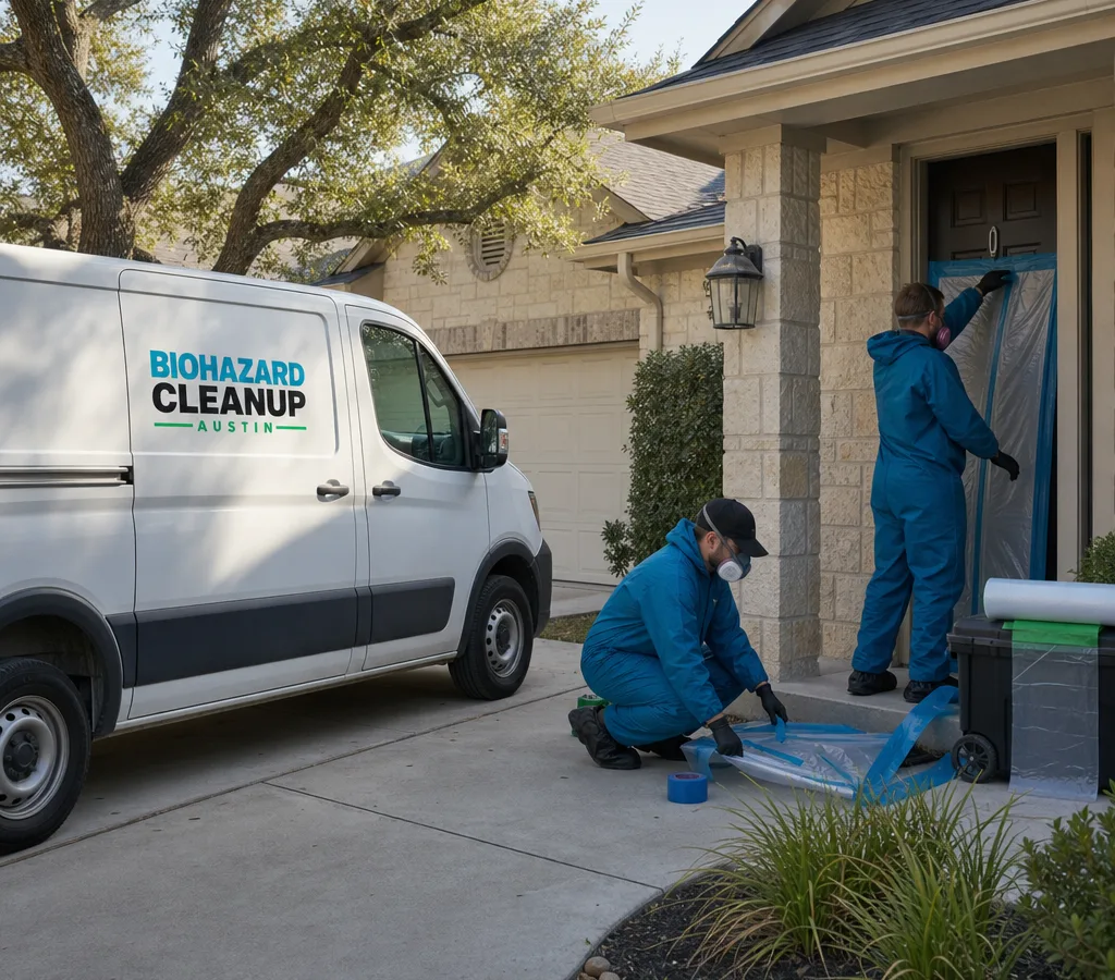 Discreet cleanup vehicle outside an Austin residence as PPE-equipped technicians prepare containment materials