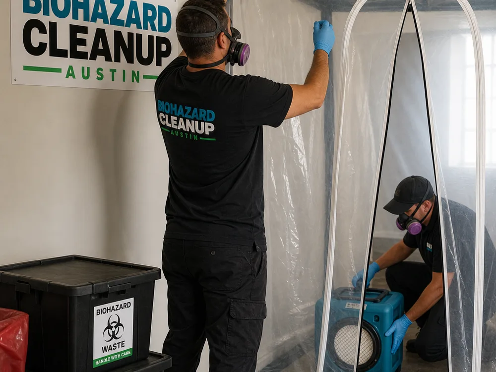 Technicians setting up zipper-door containment and a HEPA air scrubber beside labeled biohazard waste containers
