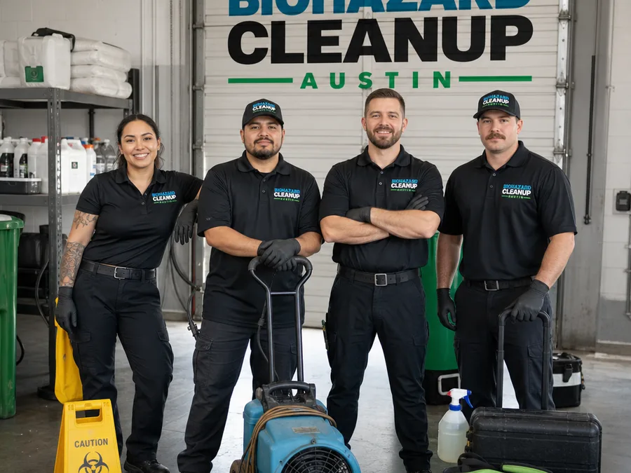 Biohazard Cleanup Austin crew with PPE and equipment in an organized workspace